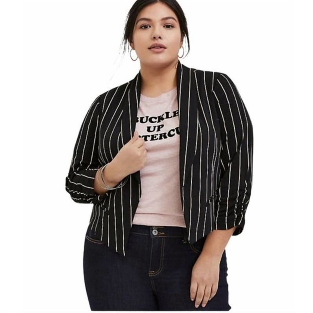 Torrid Black Stripe Crepe Open Blazer